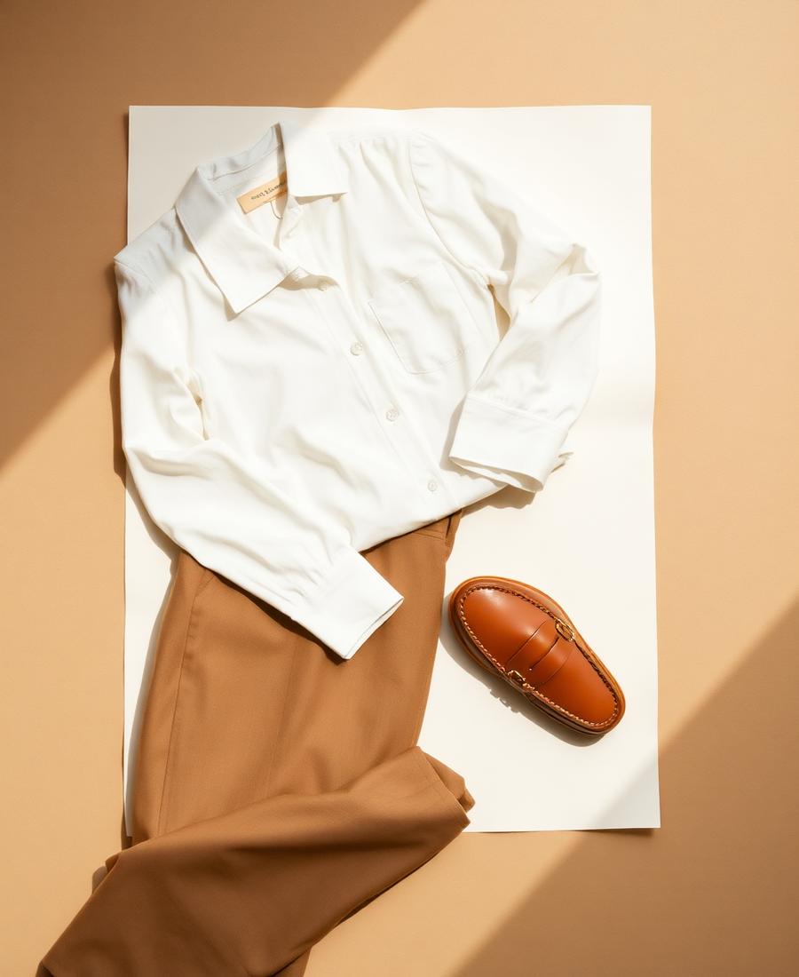 Ivory silk blouse, camel wool trousers and a tan leather loafer arranged on warm paper