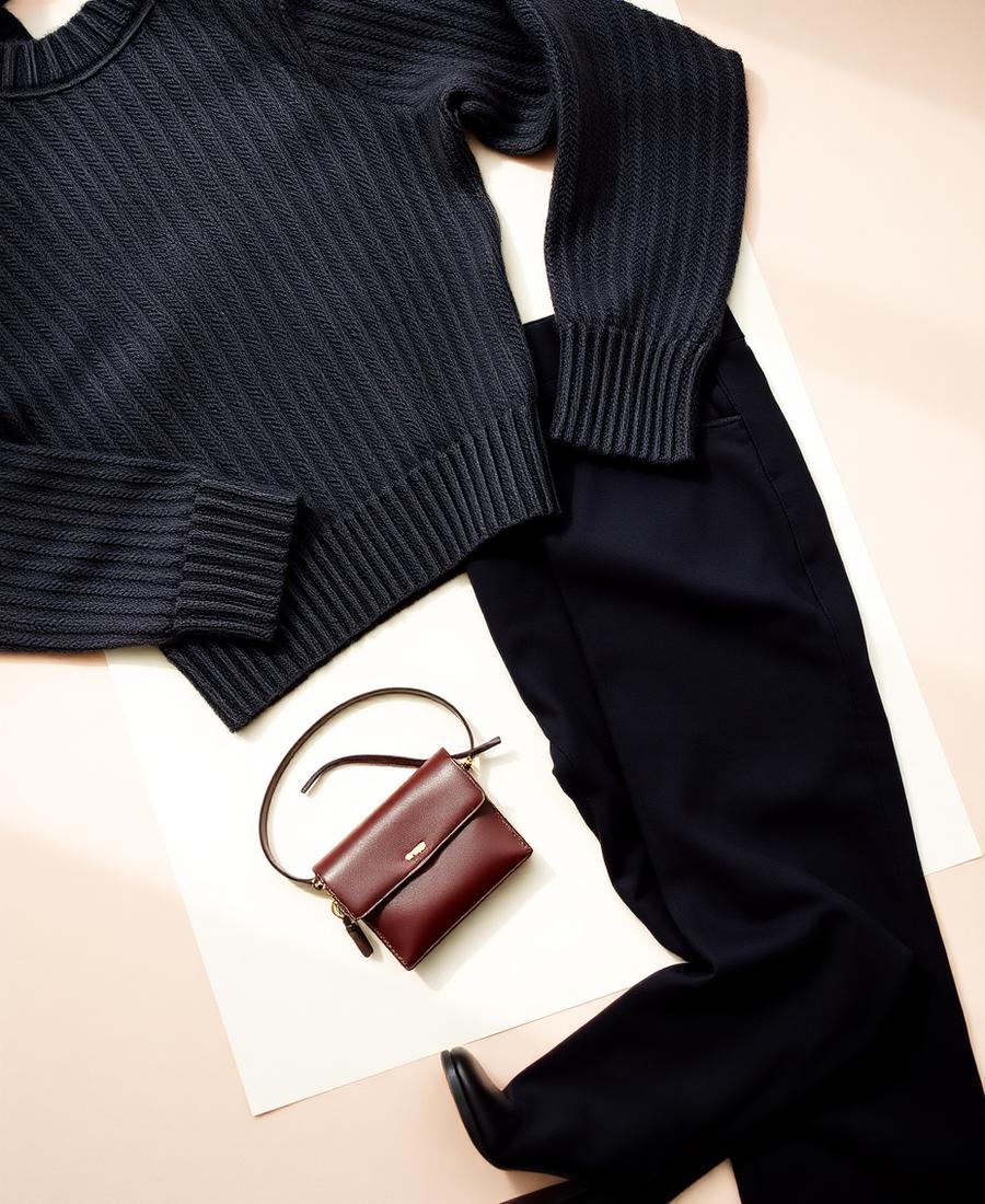 Charcoal ribbed knit, navy trousers, black boot and a burgundy leather bag