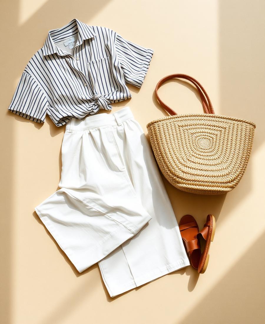 Striped linen shirt, white wide-leg trousers, raffia tote and tan sandals