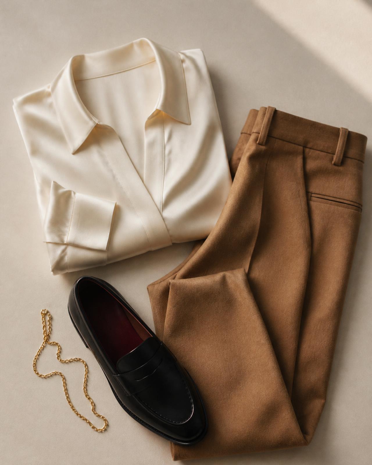 Folded ivory silk blouse, camel wool trousers, a black loafer and a gold chain laid out on warm paper